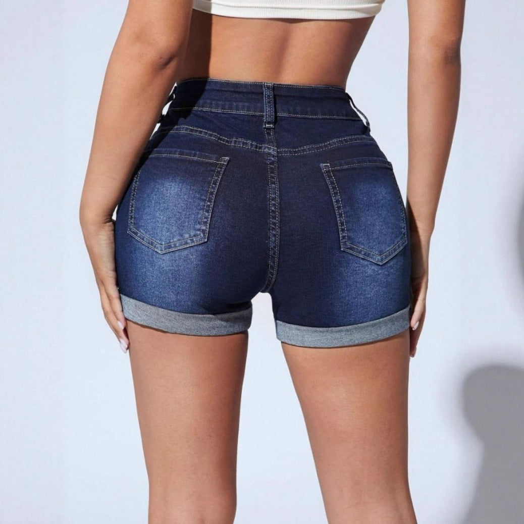 Shorts en denim taille haute pour femmes avec ourlet retroussé et design effiloché Chic und Stil