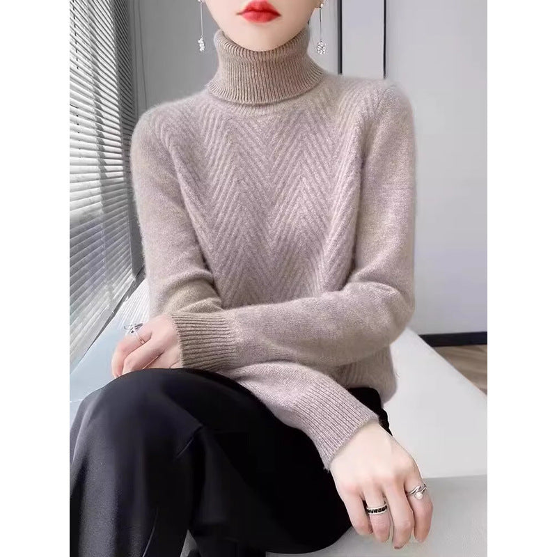 Dames pull élégant en tricot avec col montant et fine structure côtelée Chic und Stil