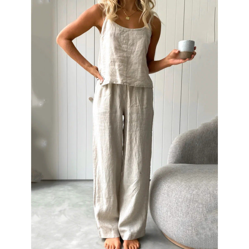 Casual linen set for women with strapless blouse and wide leg pants Chic and Style