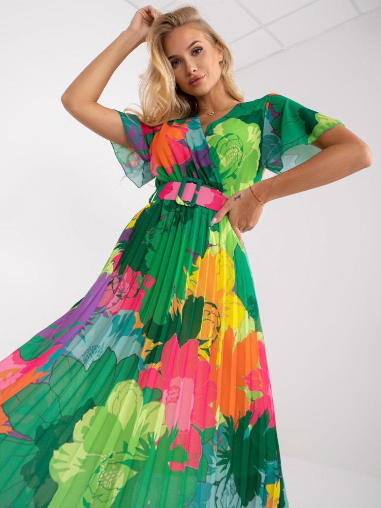 Women's Pleated Floral Maxi Dress with Adjustable Belt Chic and Style