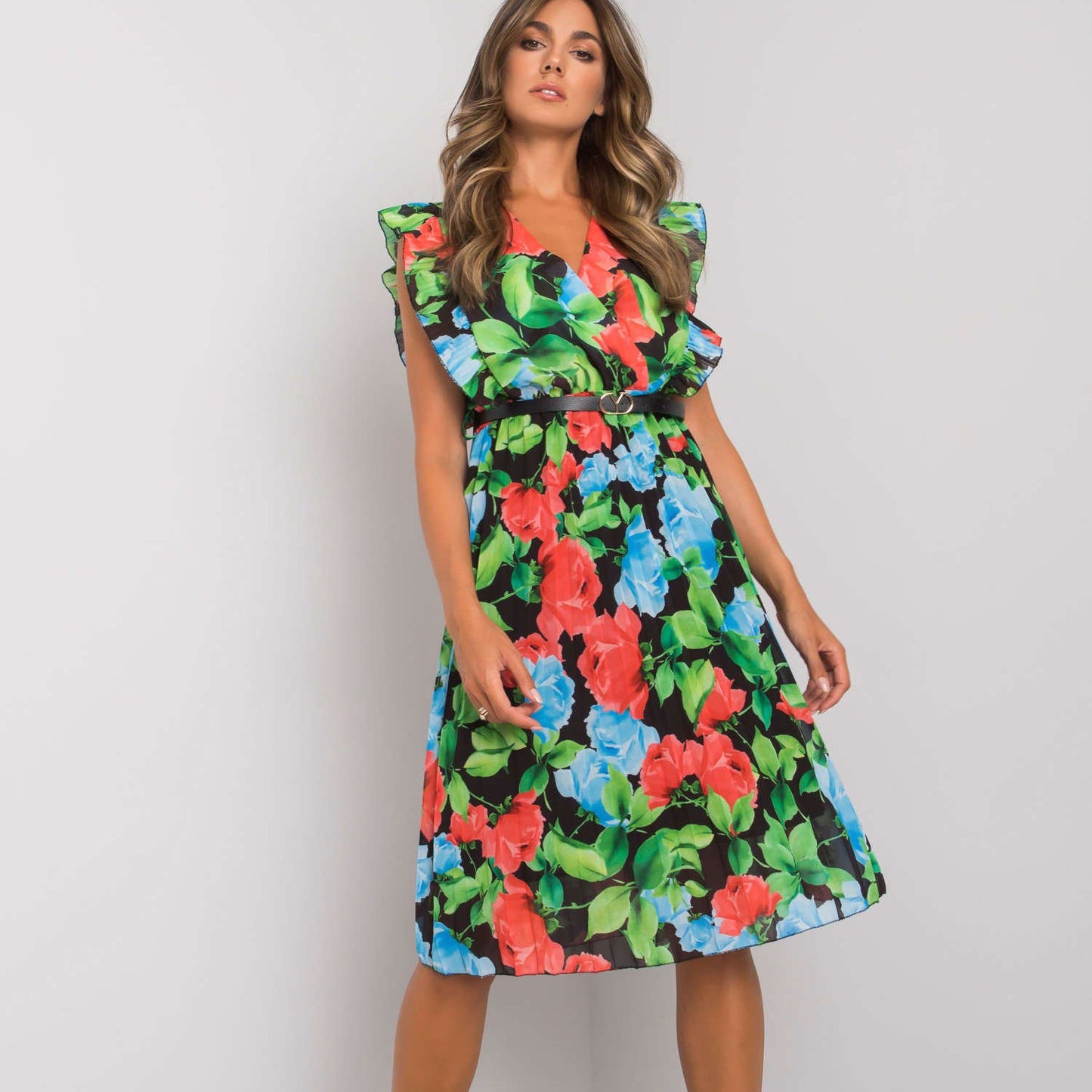Robe midi à manches volantées à motif floral pour femmes Chic und Stil
