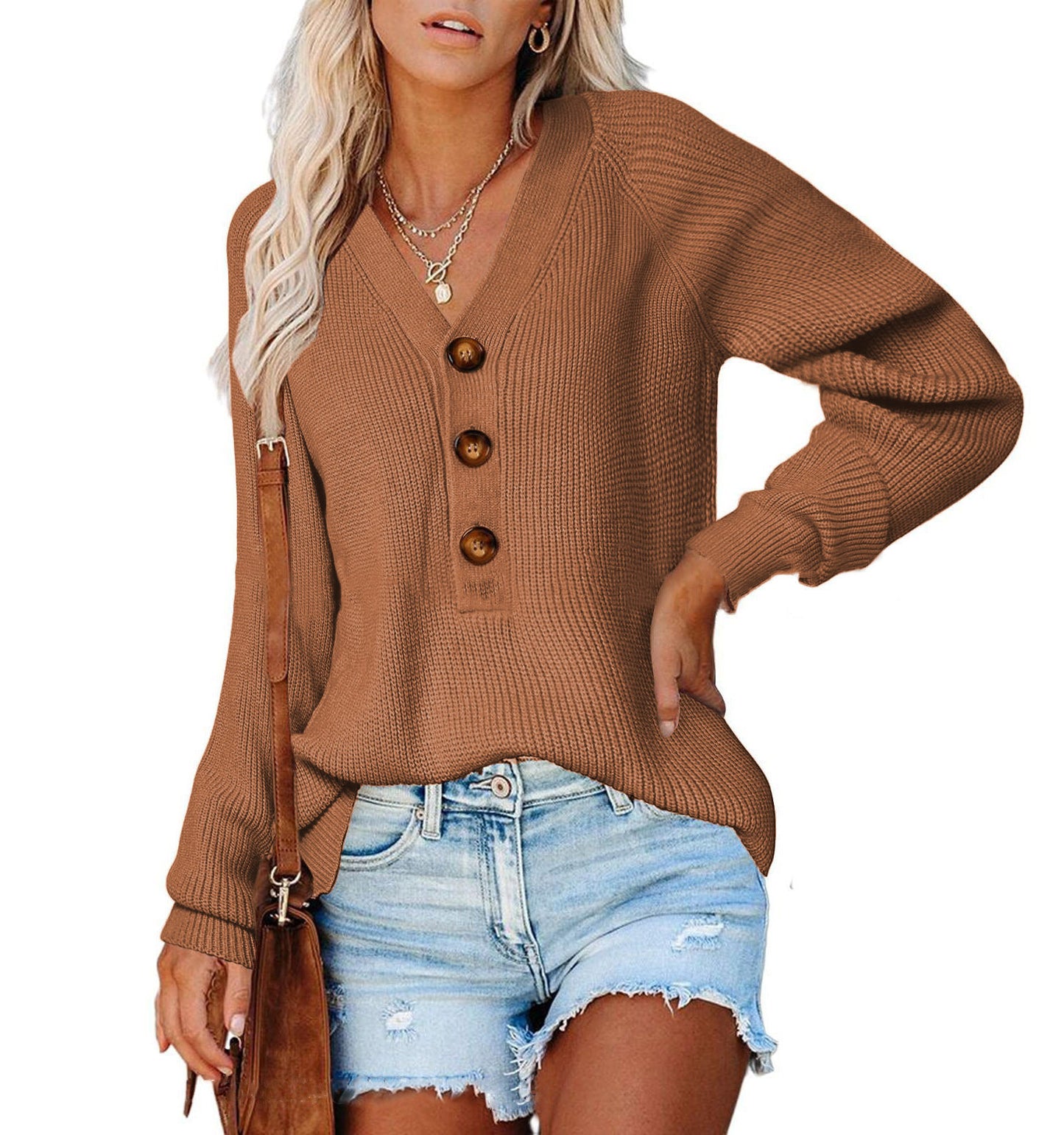 Pull en tricot pour dames avec détails de boutons et décolleté en V plongeant Chic und Stil