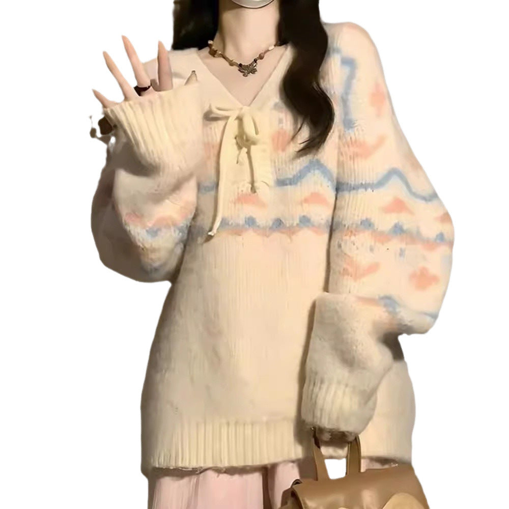 Pull décontracté pour femmes avec décolleté en V et lacets à la mode Chic und Stil