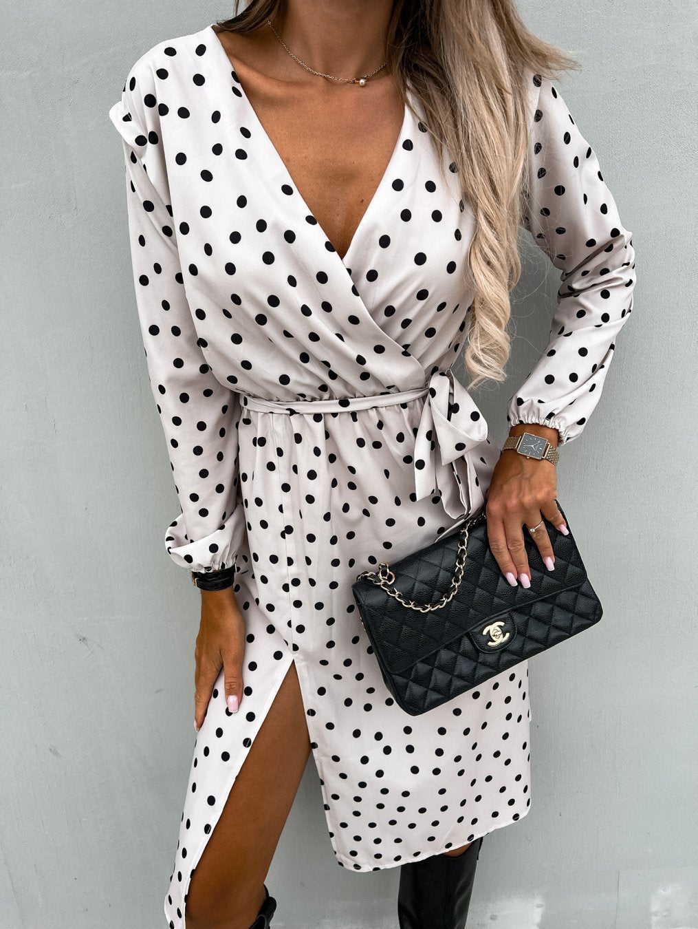 Women's Polka Dot Wrap Dress with High Slit Chic and Style