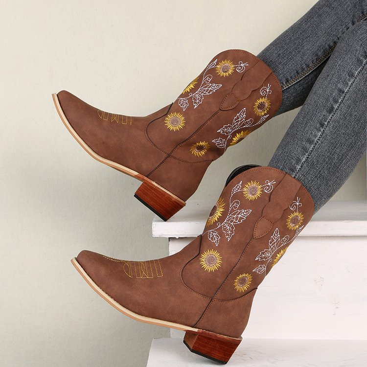 Bottes de cowboy pour femmes avec design floral brodé et robuste talon bloc Chic und Stil