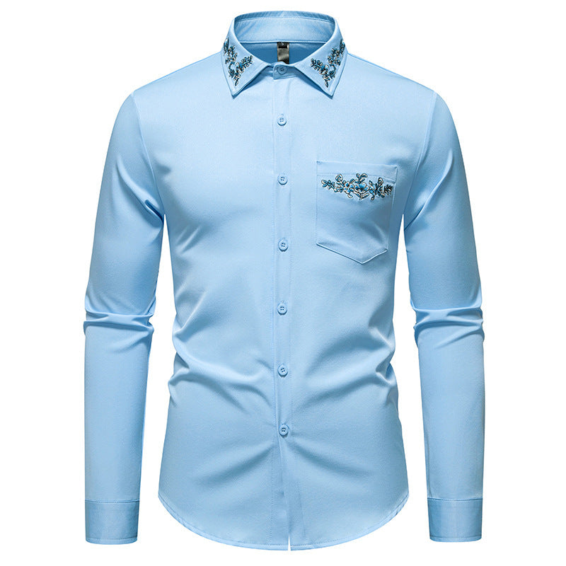 Chemise à manches longues pour hommes avec une élégante broderie florale et un col moderne Chic und Stil
