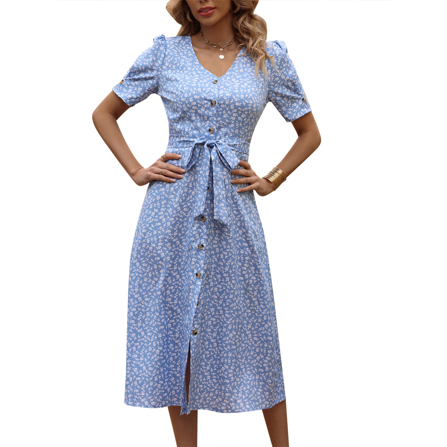Robe maxi pour femmes avec imprimé floral et ceinture réglable à la taille Chic und Stil
