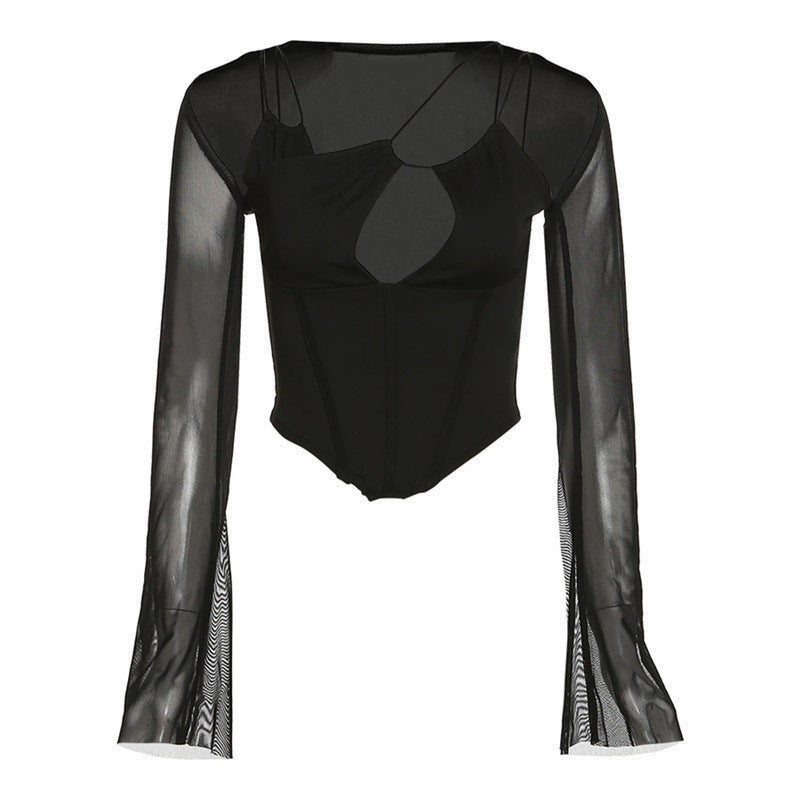 Dames body elegante à manches longues avec décolleté plongeant et design de bretelles ludique Chic und Stil