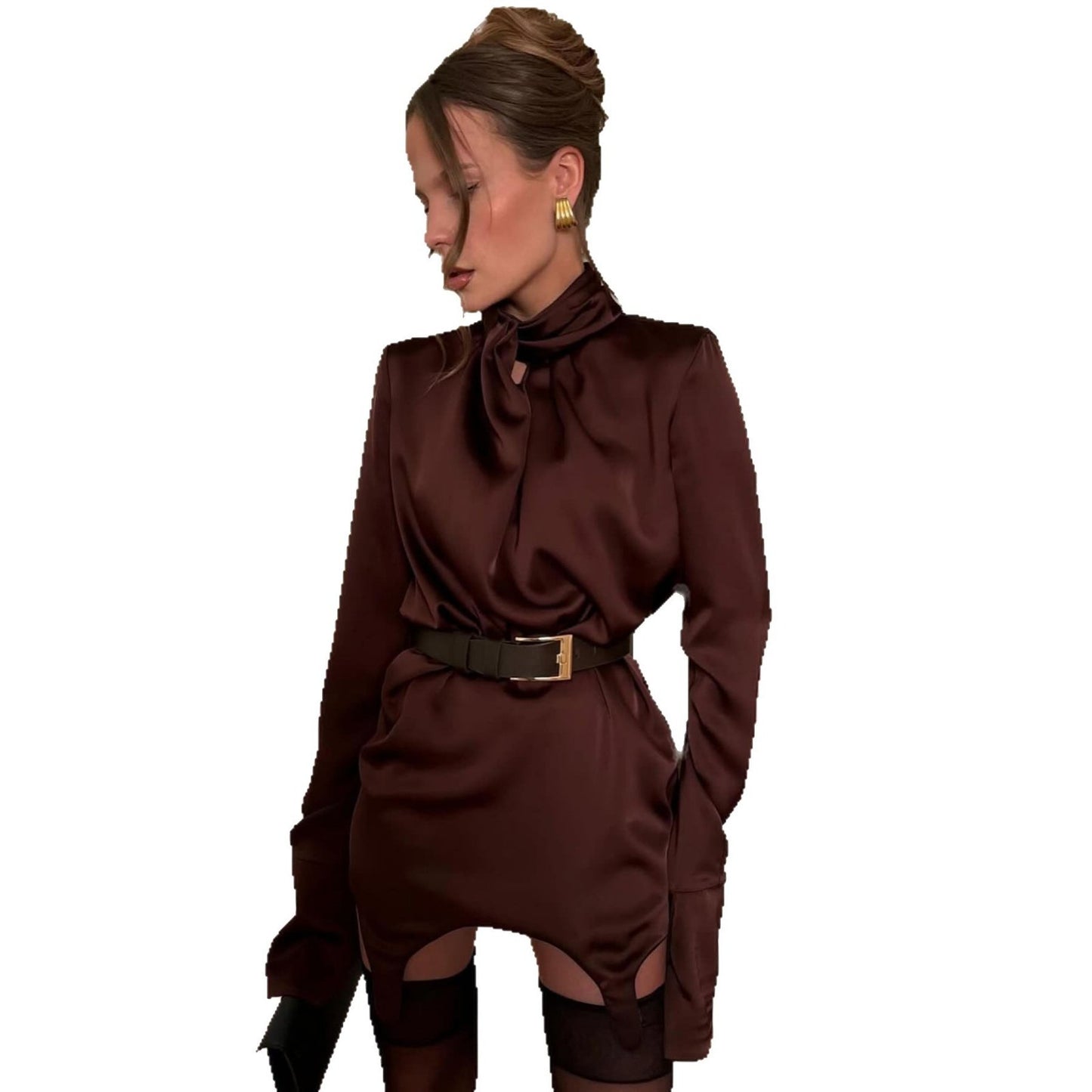 Robe mini en satin élégante pour femmes avec col montant et détails froncés Chic und Stil