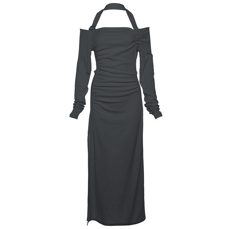 Dames Élégant Maxi Robe avec Design d'Épaule Asymétrique et Détails de Volant Raffinés Chic und Stil