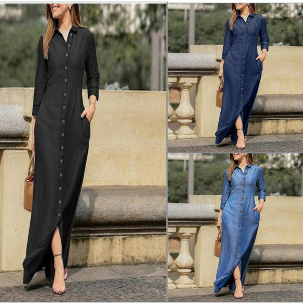 Robe maxi à manches longues avec patte de boutonnage et poches latérales Chic und Stil