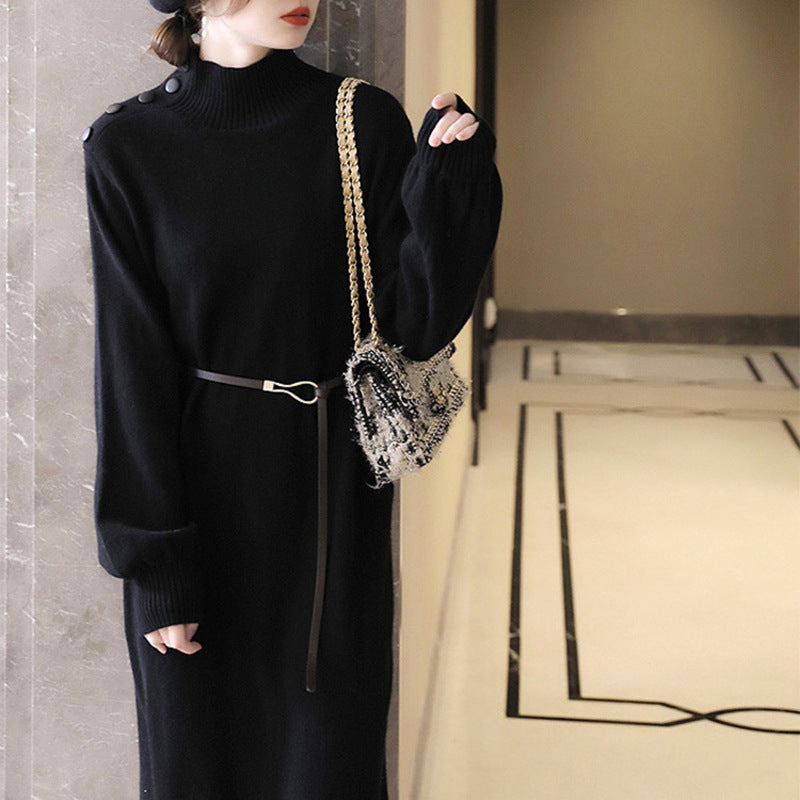 Dames Élégante robe maxi en tricot avec col montant et boutons décoratifs Chic und Stil