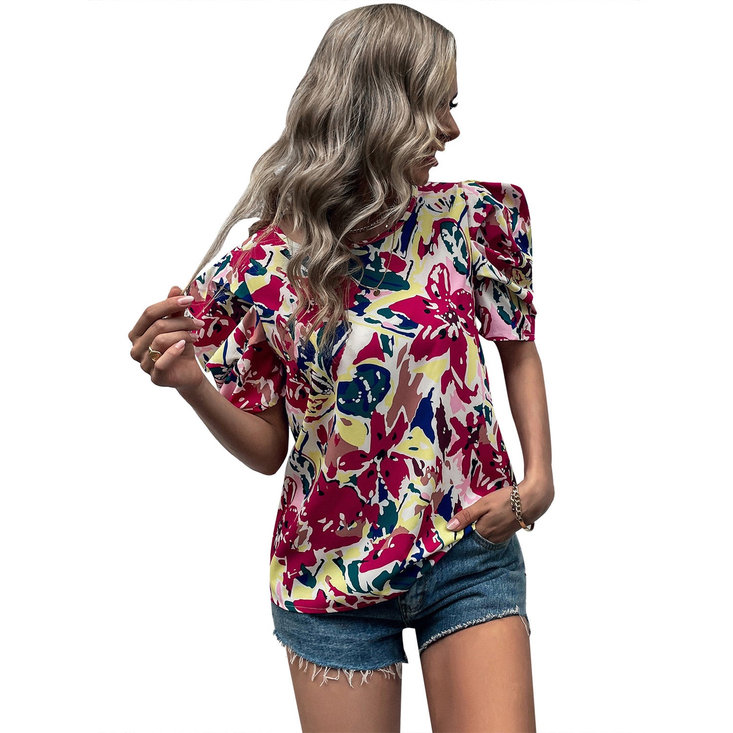 Chemisier décontracté pour femmes avec manches bouffantes et motif floral Chic und Stil