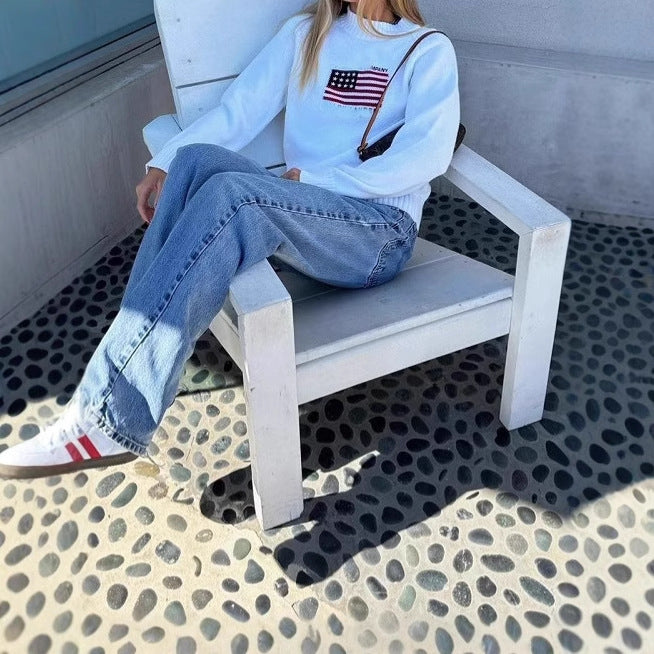 Pull décontracté pour femme avec motif de drapeau créatif et tricot doux Chic und Stil
