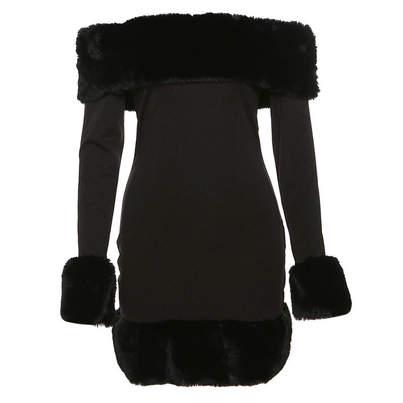 Robe longue à manches longues pour femmes avec col en fausse fourrure douillet et bords Chic und Stil