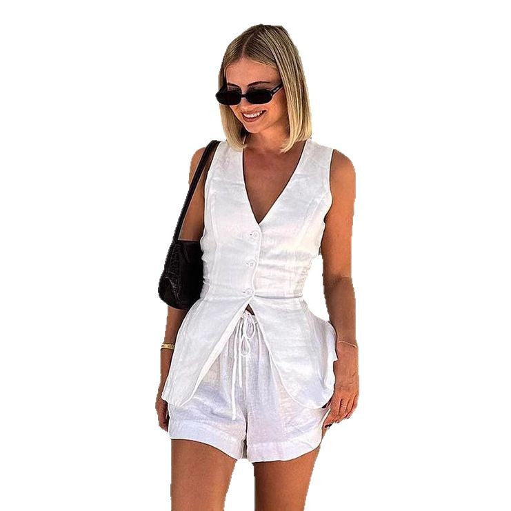 Dames Élégante Blouse en Lin avec Ensemble de Shorts Chic und Stil