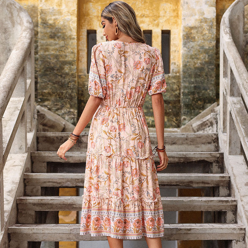 Femme Bohemian Robe Midi Plissée Chic und Stil