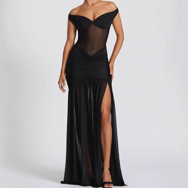 Dames Robe Maxi Élégante Off-Shoulder avec Détails Volants et Fente Haute Chic und Stil