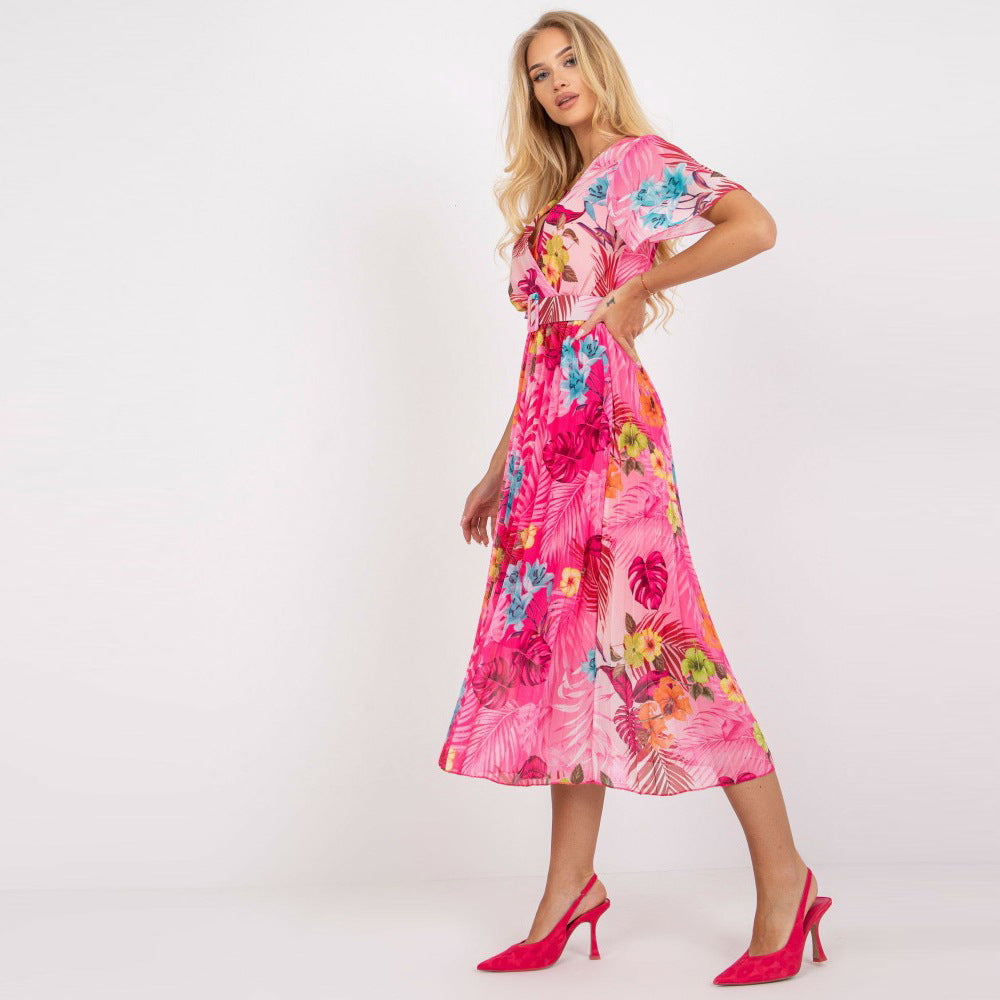 Robe midi portefeuille plissée pour femmes avec motif floral coloré Chic und Stil
