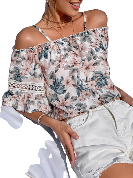 Blouse off-shoulder pour femmes avec des motifs floraux et des manches en dentelle Chic und Stil