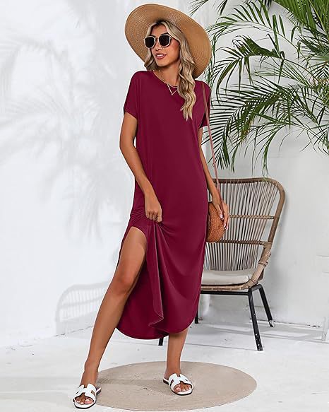 Robe maxi décontractée pour femmes avec fente latérale et joli col rond Chic und Stil