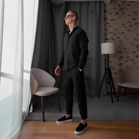 Chemise à manches longues élégante pour hommes avec tissu structuré et patte de boutonnage Chic und Stil