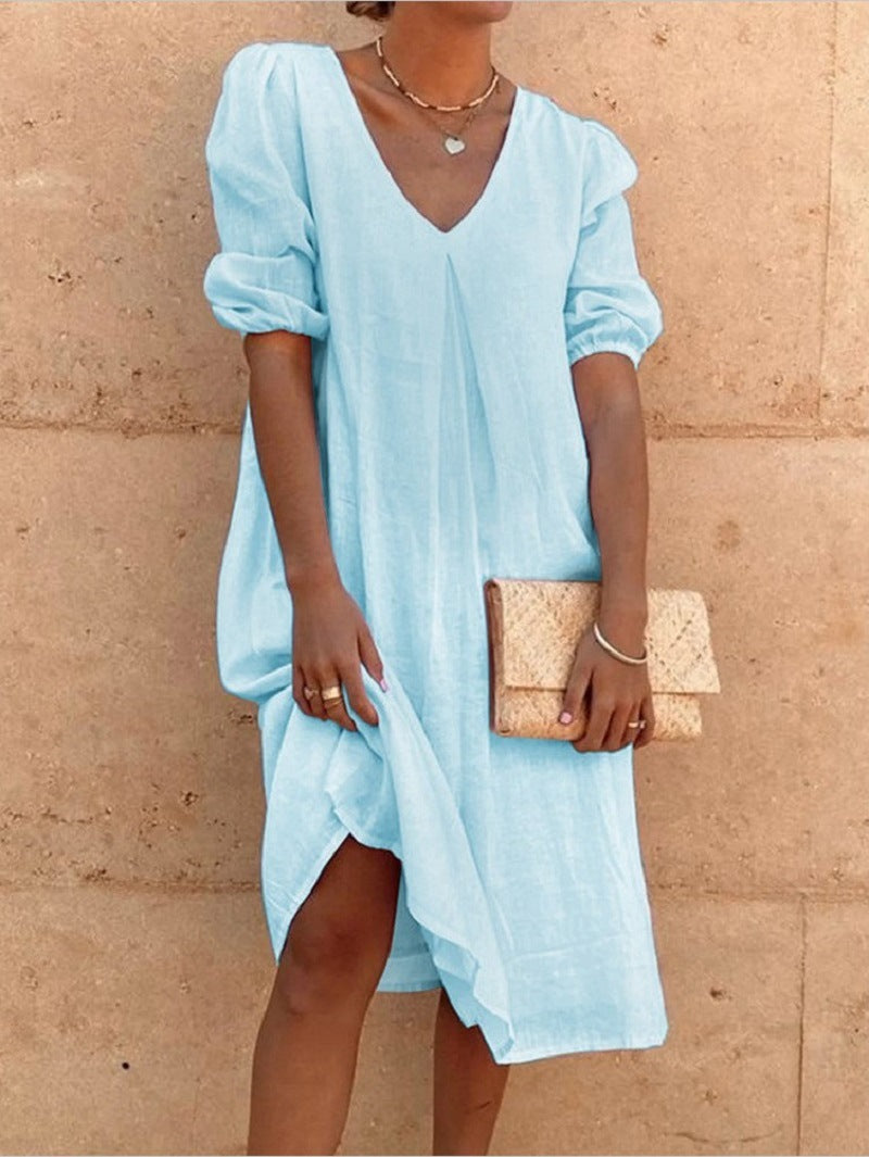 Robe midi à encolure en V à manches bouffantes pour femmes Chic und Stil