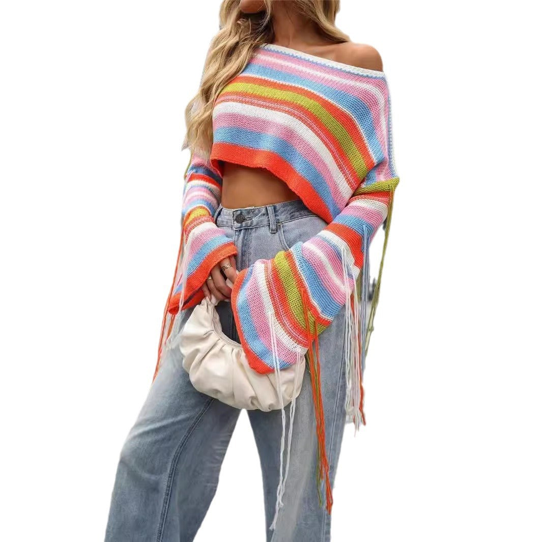 Dame Crop-top avec rayures colorées et manches frangées Chic und Stil