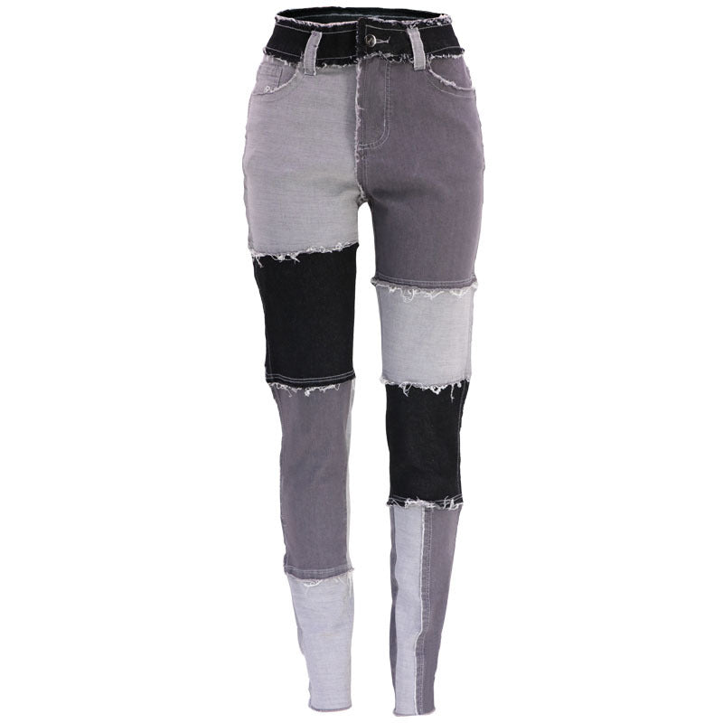 Women's jeans pants with trendy patchwork design, high waist and fitted cut Chic and Style
