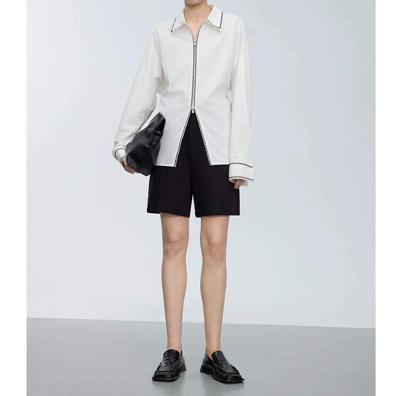 Blouse ajustée à manches longues pour femmes avec fermeture boutonnée et bord contrastant Chic und Stil