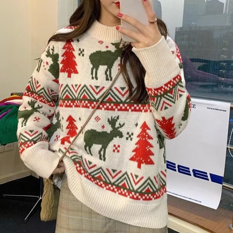 Pull-over en grosse maille pour femmes avec motif de renne festif et encolure ronde Chic und Stil