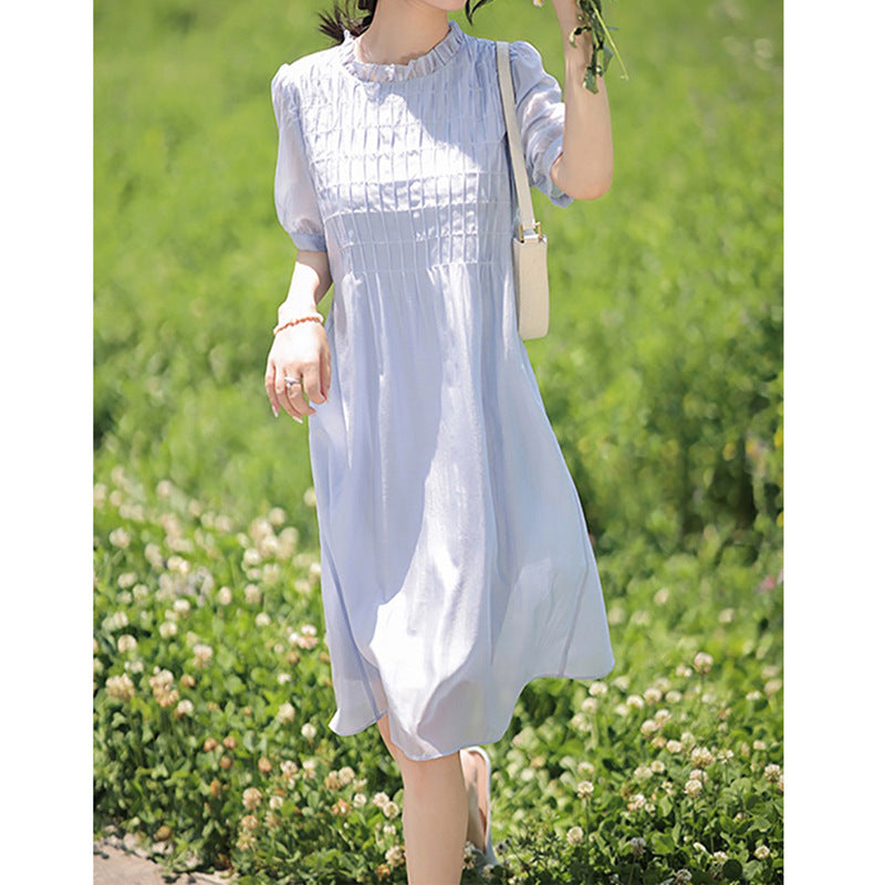 Robe midi plissée pour femmes avec manches courtes bouffantes Chic und Stil