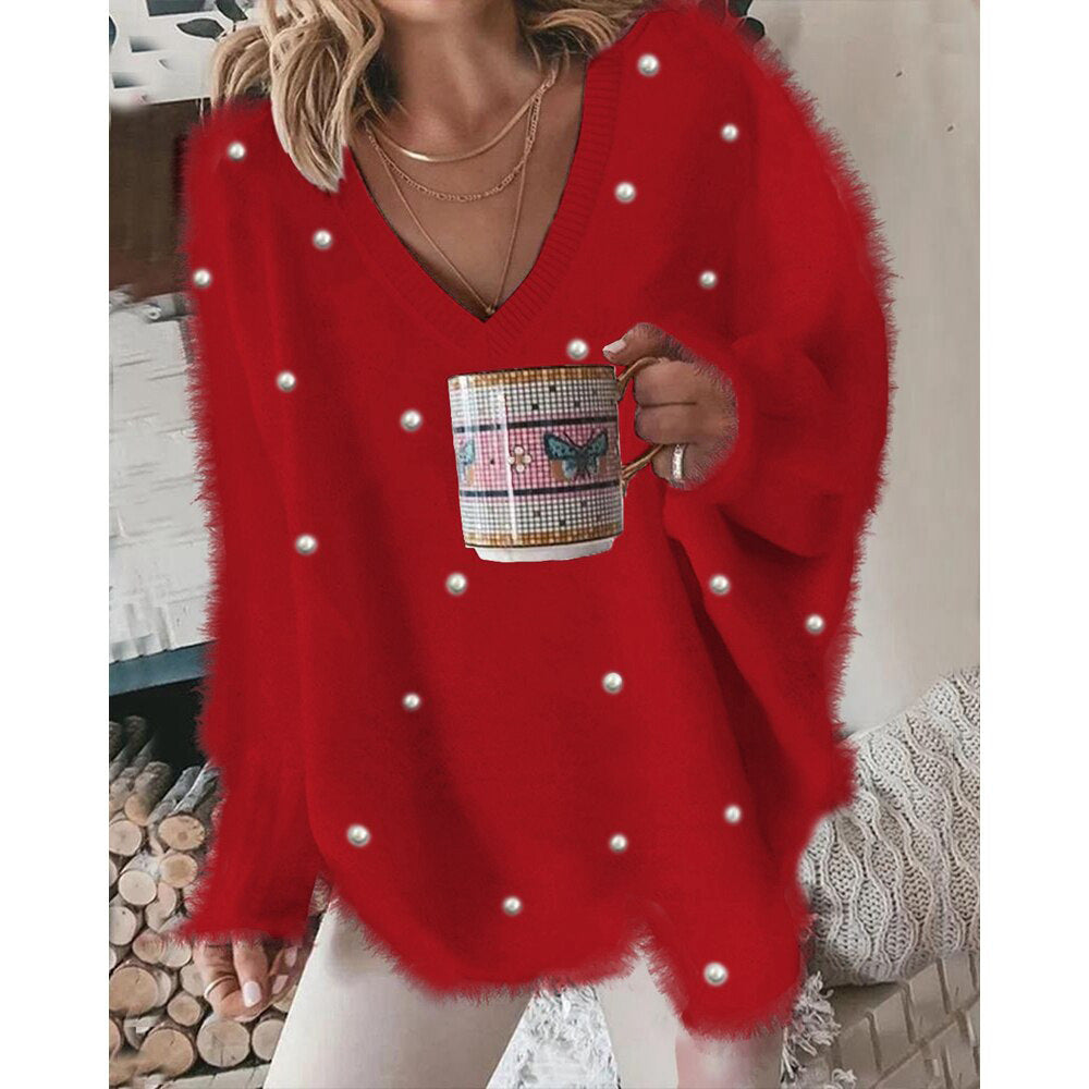 Pull femme oversize à col en V avec perles Chic und Stil