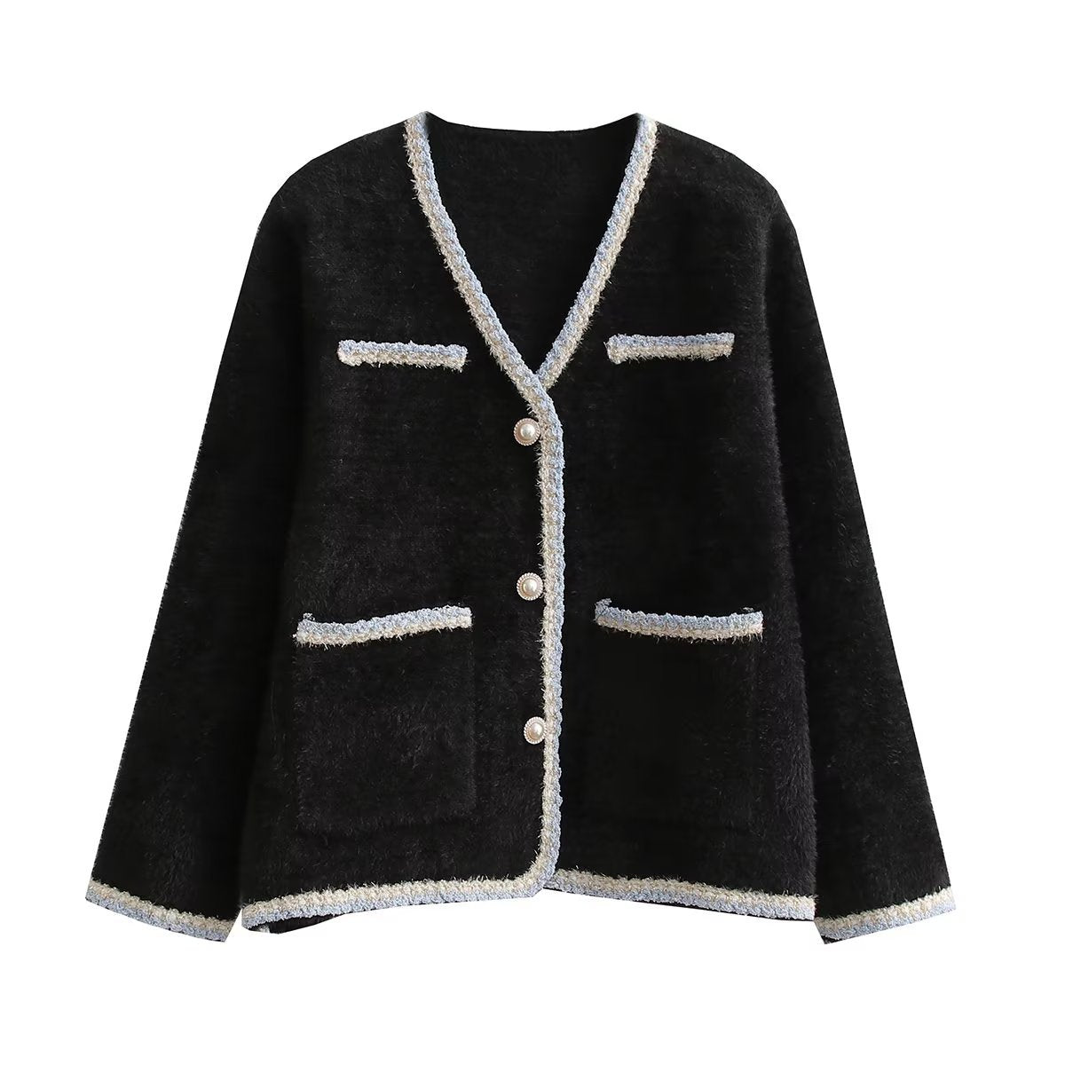 Cardigan élégant en tricot pour femmes avec des boutons décoratifs en perles et des poches pratiques Chic und Stil