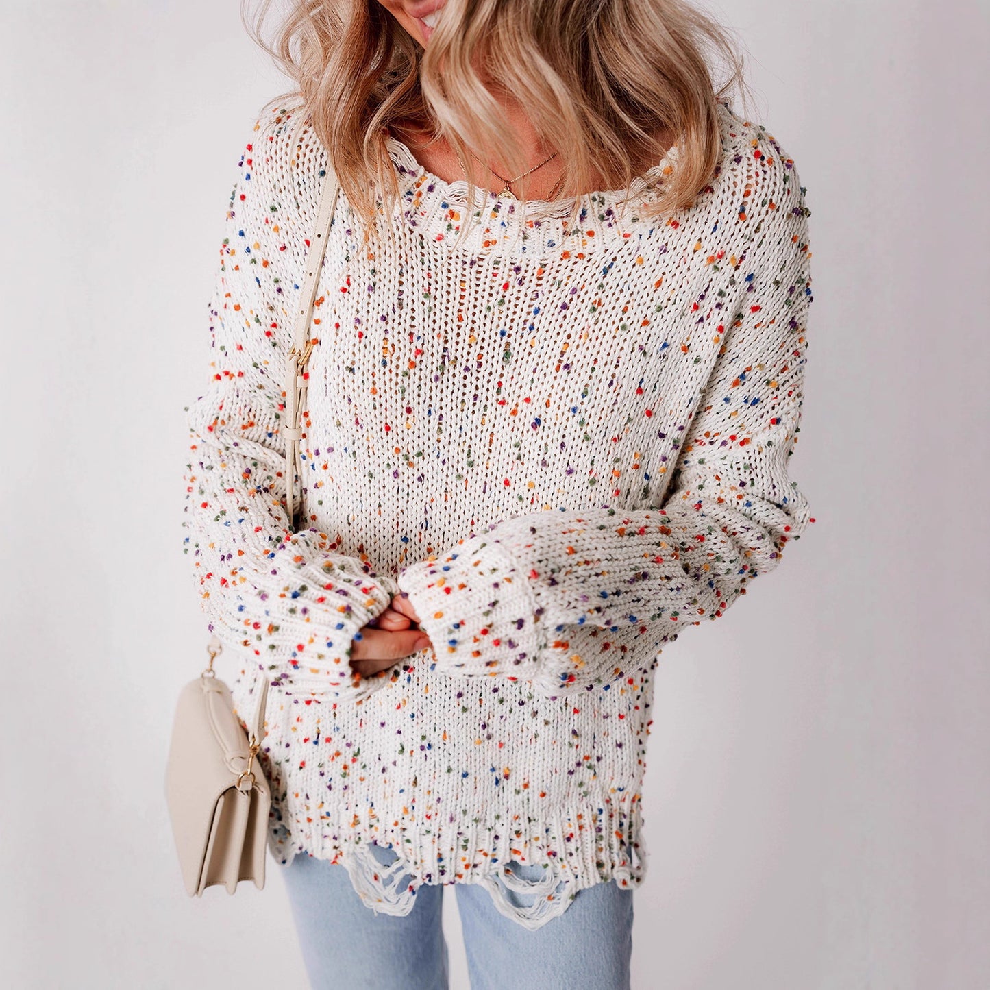 Pull en tricot décontracté pour femmes avec un design à éclaboussures colorées et un col rond confortable Chic und Stil
