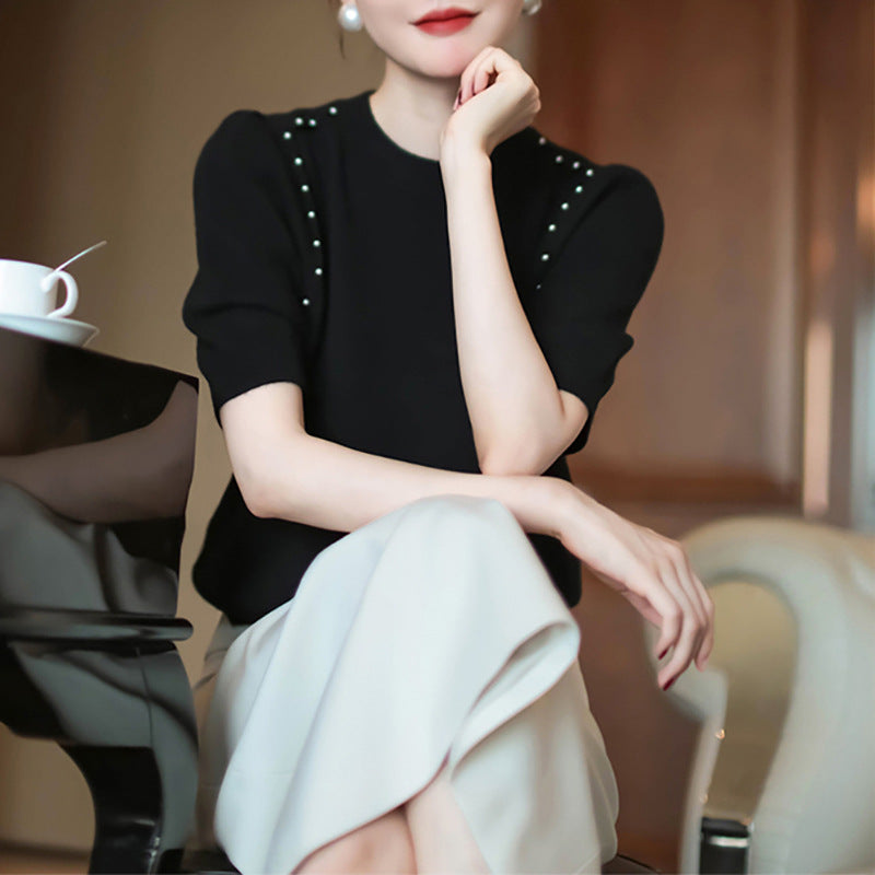 Top en tricot élégant pour femmes orné de perles Chic und Stil