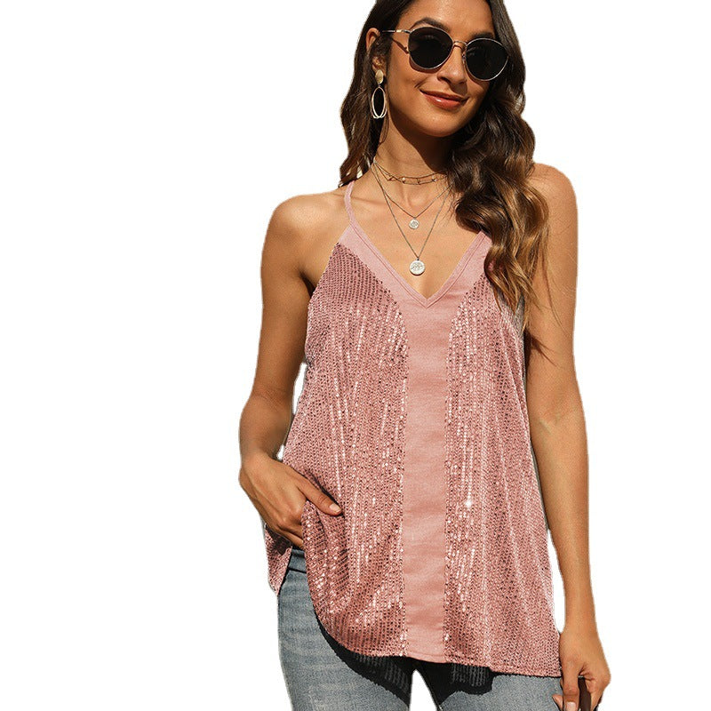 Blouse à paillettes scintillantes pour femmes avec décolleté en V Chic und Stil
