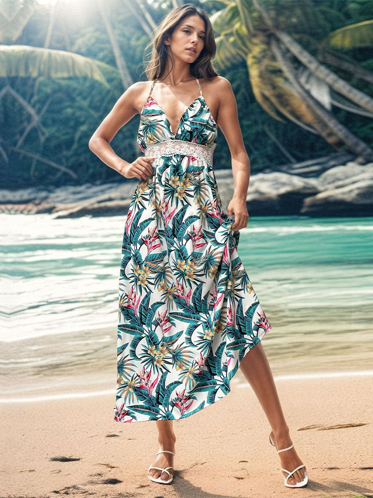 Robe maxi bohémienne à imprimé floral pour femmes avec bretelles réglables Chic und Stil