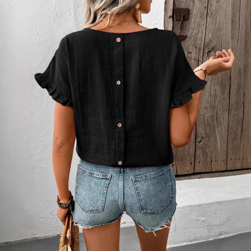 Blouse à manches courtes volants pour femmes avec dos en bouton Chic und Stil