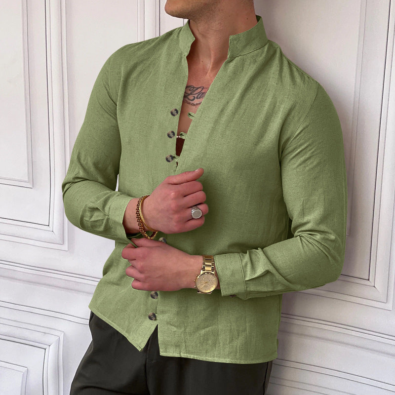 Chemise à manches longues pour hommes avec patte de boutonnage et col montant à la mode Chic und Stil