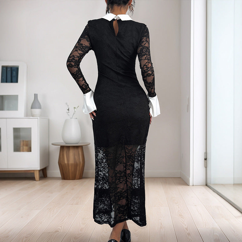 Robe midi élégante en dentelle pour femmes avec col contrasté Chic und Stil