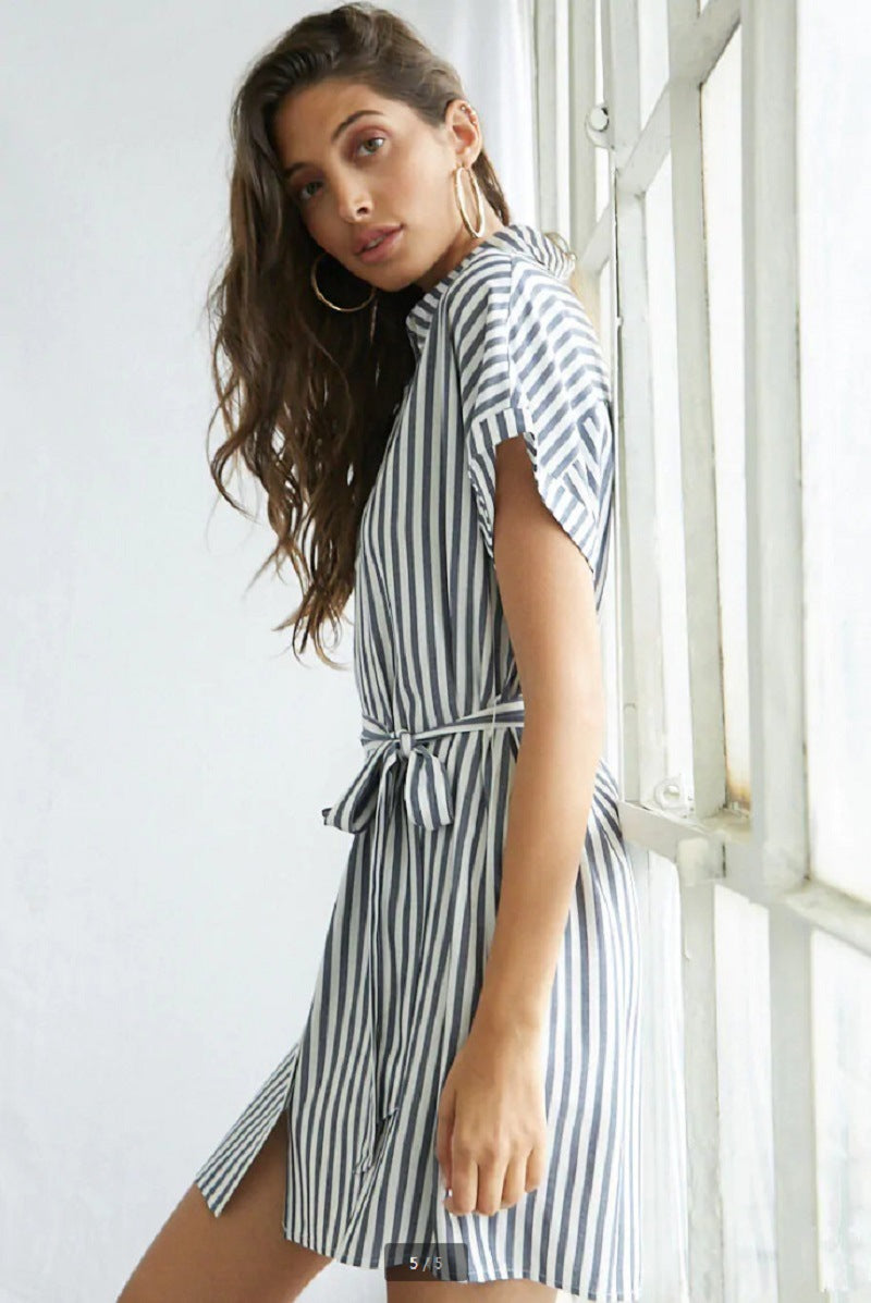 Women's Casual Striped Shirt Dress with Waist Belt Chic und Stil