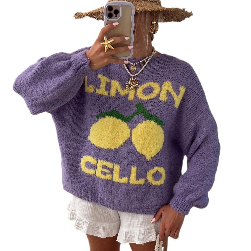 Cardigan à mailles épaisses pour femmes avec un motif de citron unique et une fermeture à boutons Chic und Stil