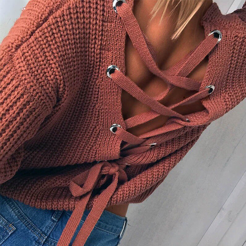 Pull en tricot pour femmes avec un design arrière créatif et des détails de lacets uniques Chic und Stil