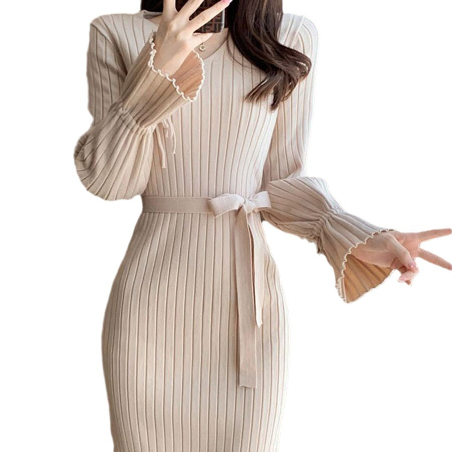 Robe maxi ajustée pour femmes avec ceinture à nouer et structure côtelée Chic und Stil