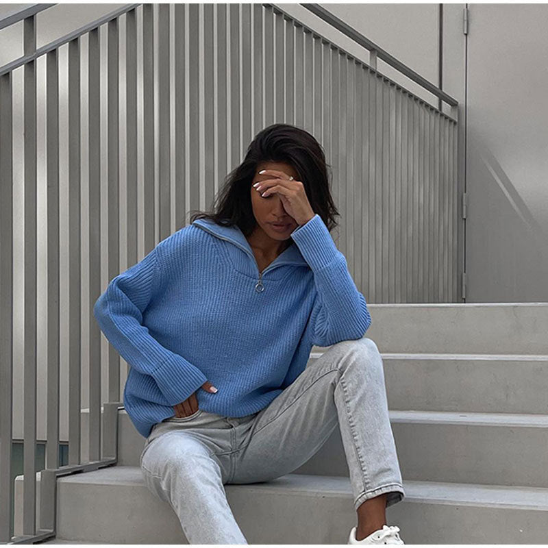Femmes Pull de haute qualité avec col moderne et fermeture éclair Chic und Stil