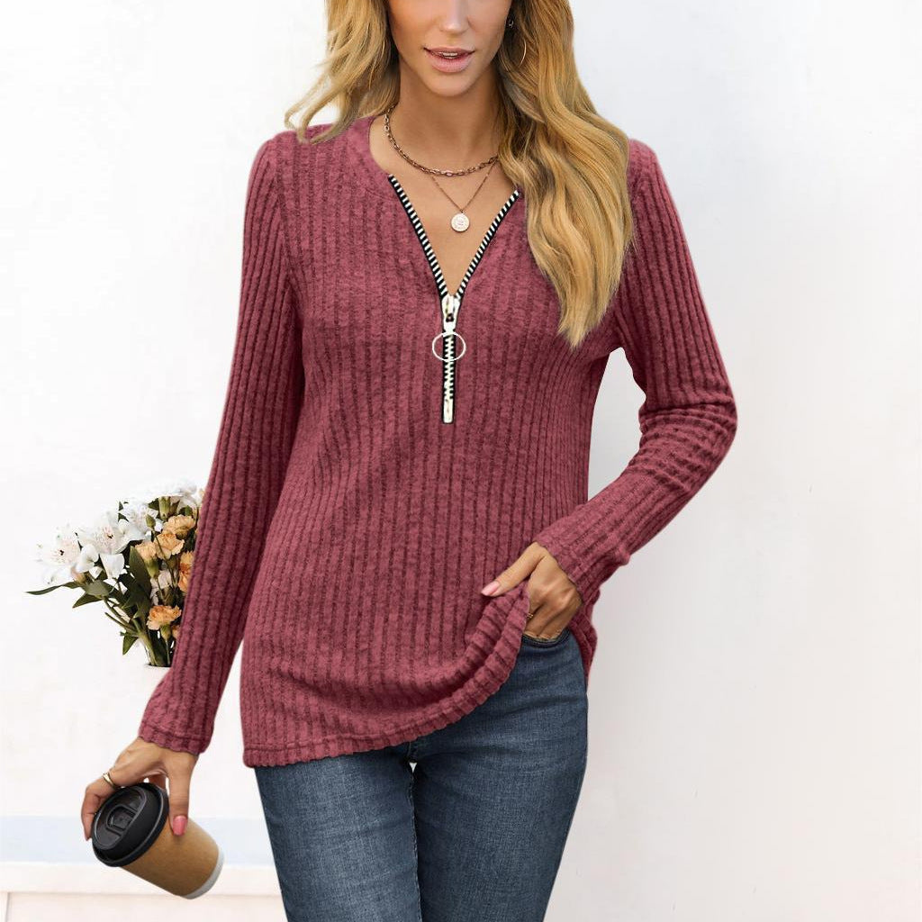 Pull femme avec zipper de haute qualité et design en côtes fines Chic et Stil