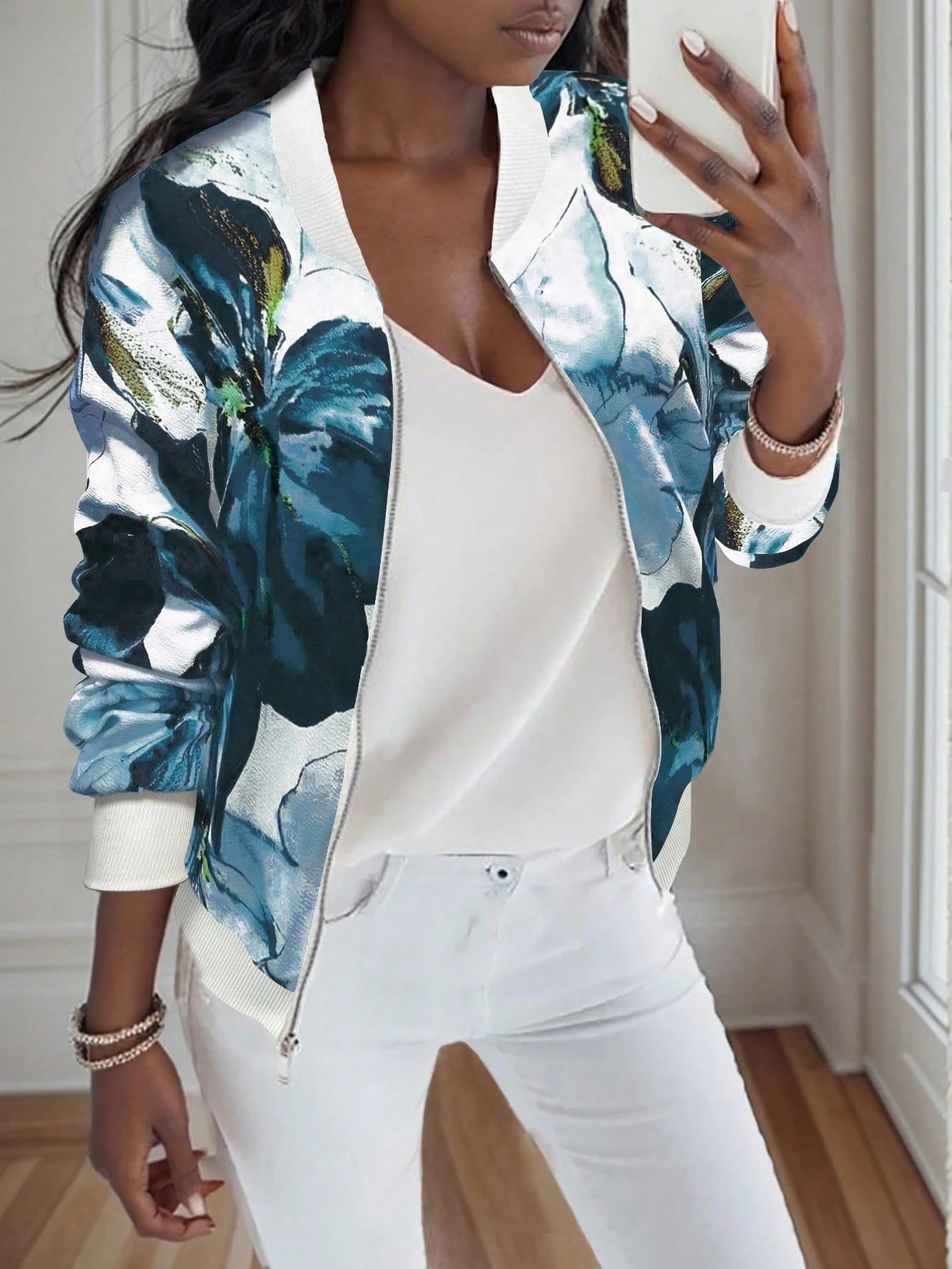 Veste bomber à motif floral pour femmes avec taille élastique Chic und Stil