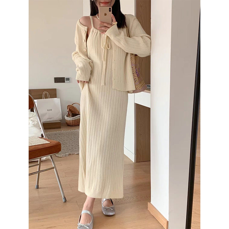 Veste en tricot pour femmes avec maxi robe en design côtelé et ceinture à nouer féminine Chic und Stil