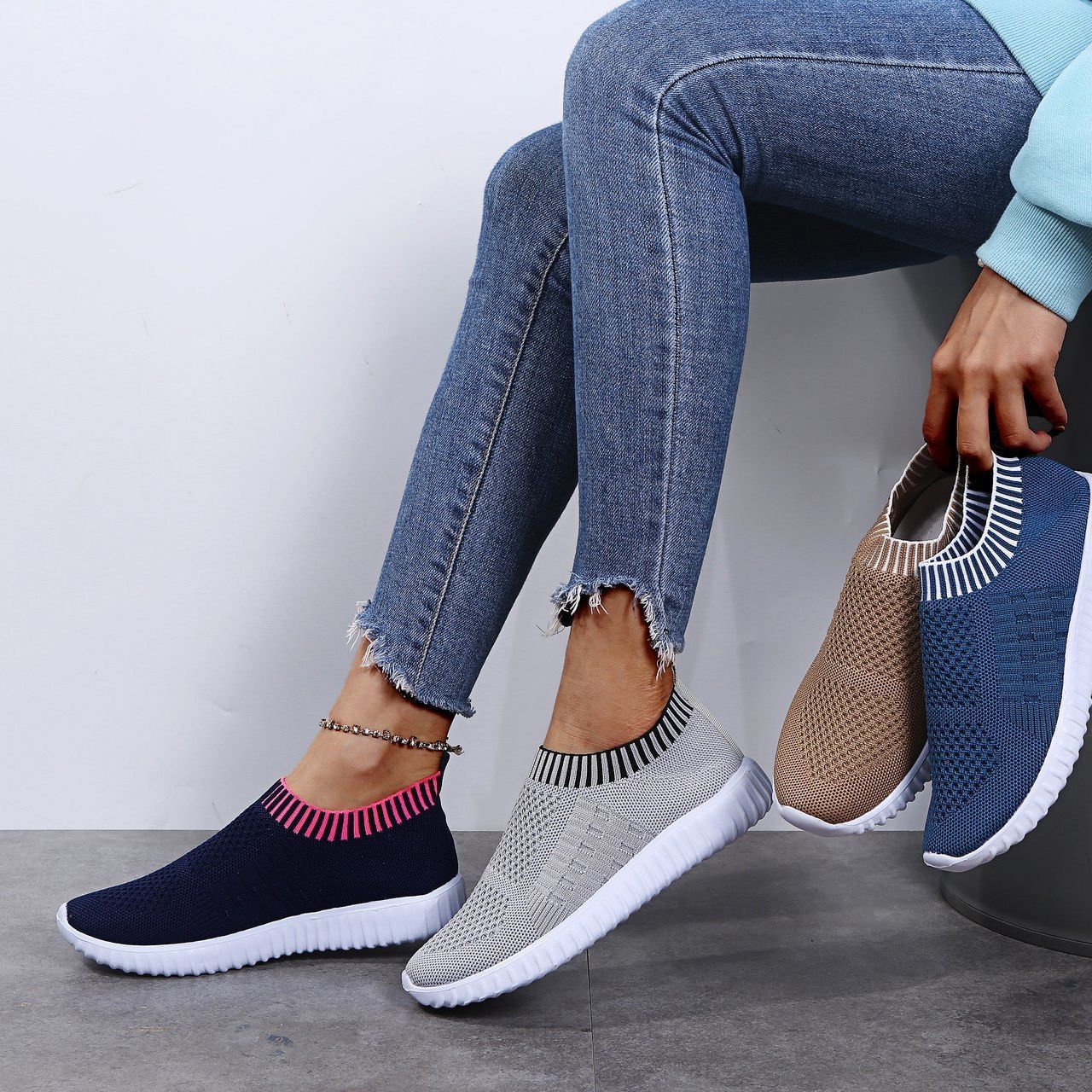 Baskets Sportives Slip-On pour Femmes avec dessus en tricot élastique et semelle antidérapante Chic und Stil